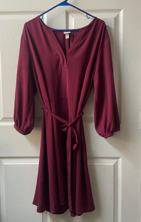 a new day Dresses & Skirts - A New Day Dress Womens Plus XXL Burgundy Knee Length V Neck Bishop Sleeves Tie